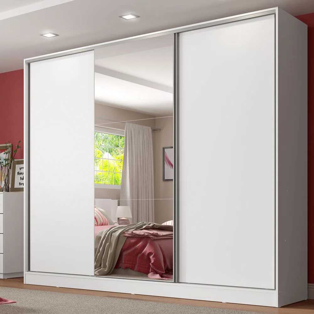 Image of Guarda Roupa Casal 100% MDF Madesa Royale 3 Portas de Correr com Espelho Branco